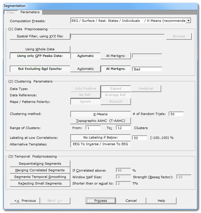 segmentation parameters dialog